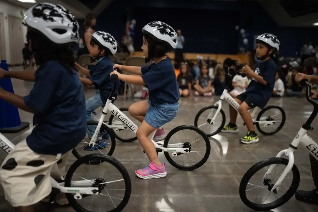 Students participate in a learn-to-ride program at Terra Vista Elementary School in Rancho Cucamonga, California.