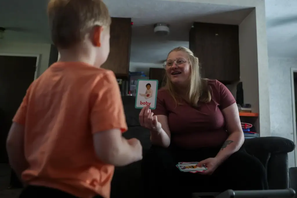 Meygan Maloney goes through flashcards with her son Callum Wilson,...