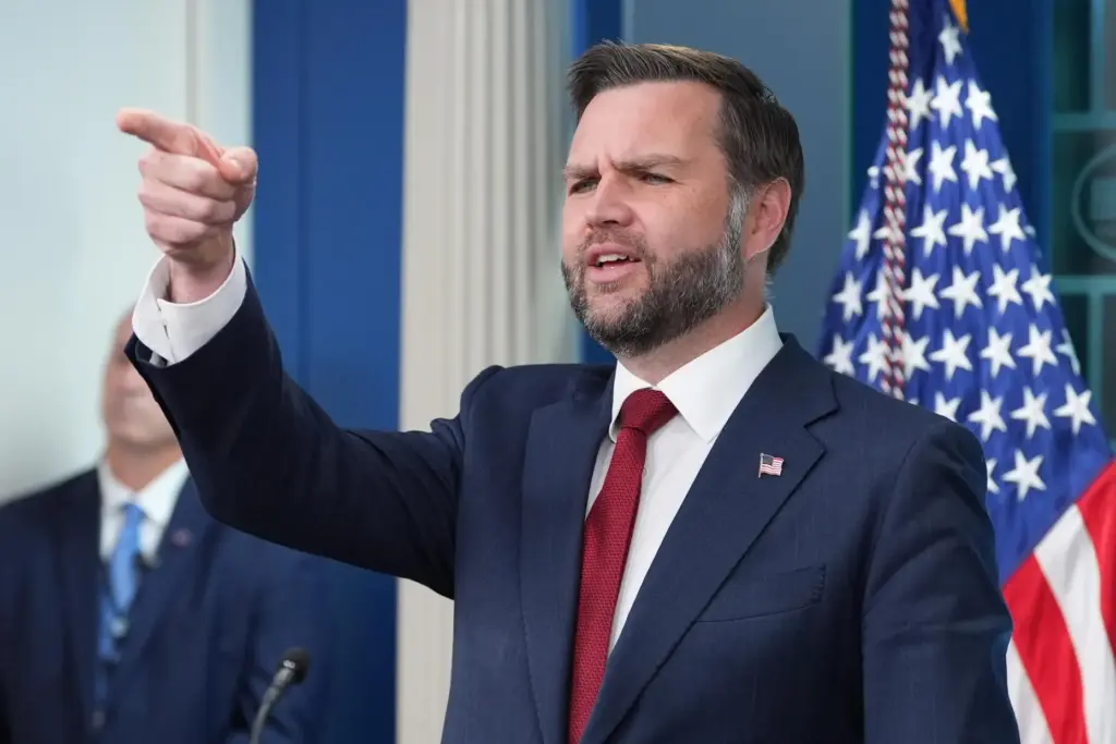 Vice President JD Vance speaks with reporters in the James Brady Press Briefing Room.