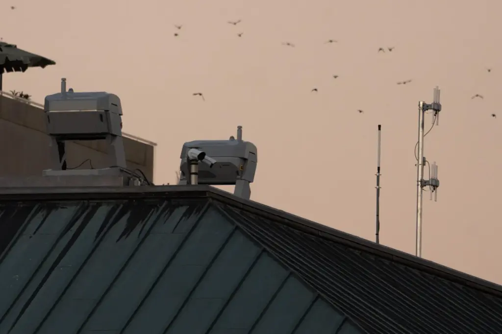 Drones stations are pictured on a federal building near the...