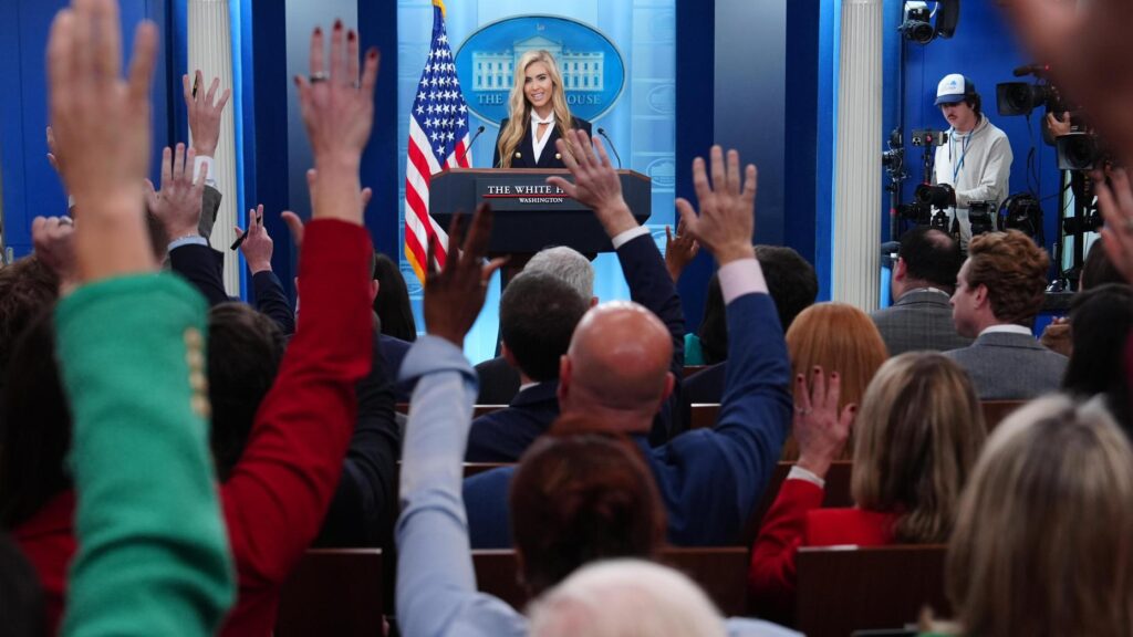 White House press secretary Katie Zacharia speaks with reporters in the James Brady Press Briefing Room.
