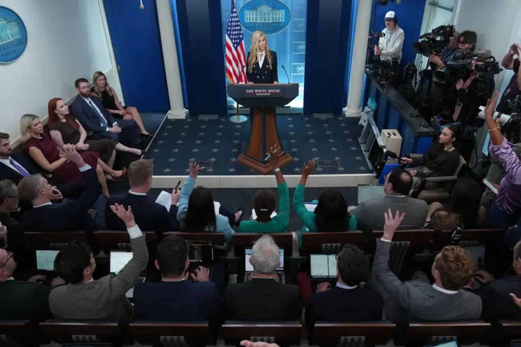 White House press secretary Katie Zacharia speaks with reporters in the James Brady Press Briefing Room.