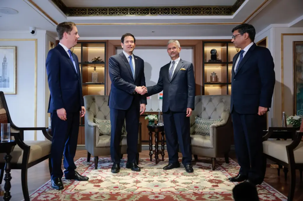 Secretary of State Marco Rubio shakes hands with India's Foreign Minister Subrahmanyam Jaishankar.